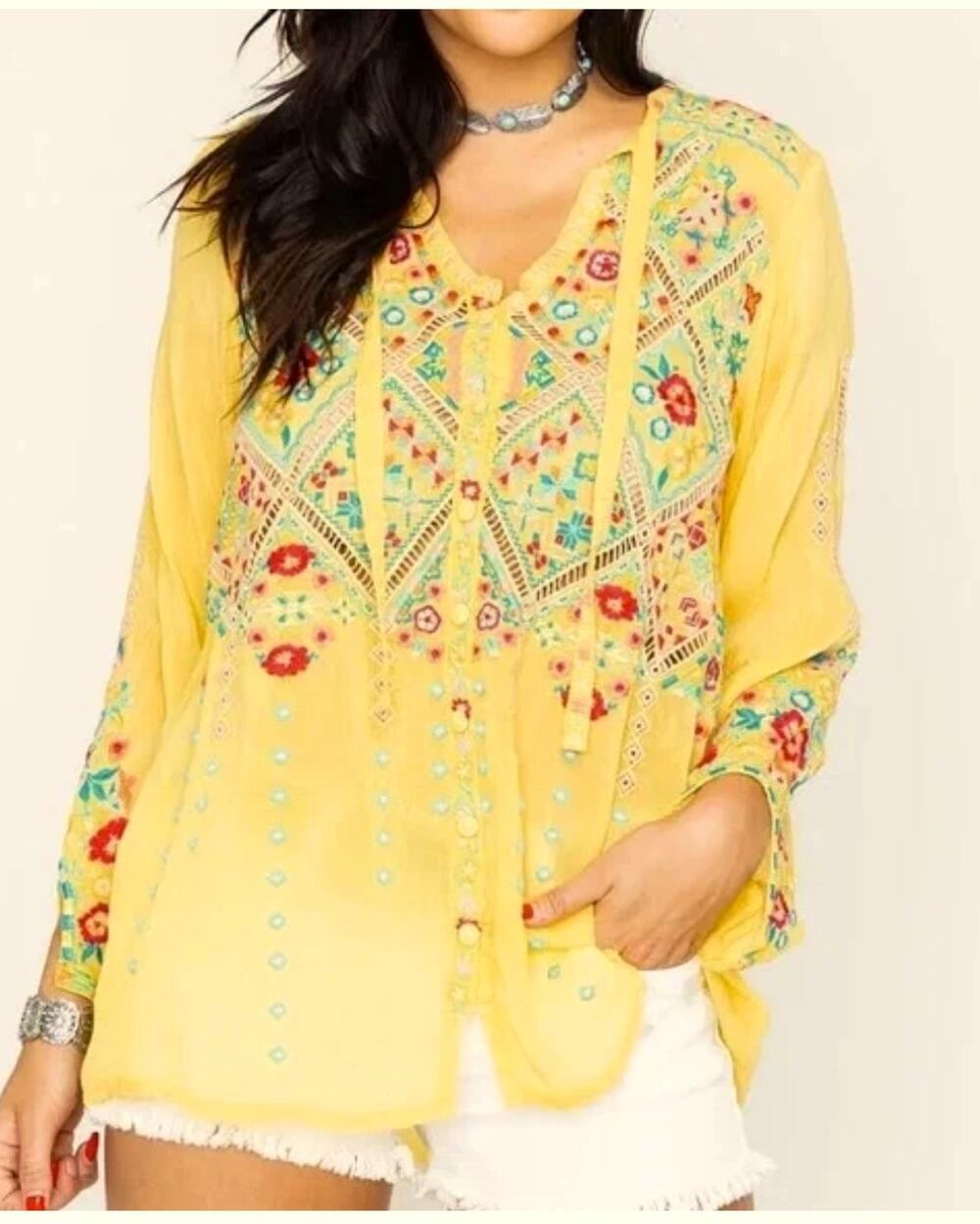 Johnny Was Arges Top Womens Small Citron Floral Embroidered Georgette Blouse